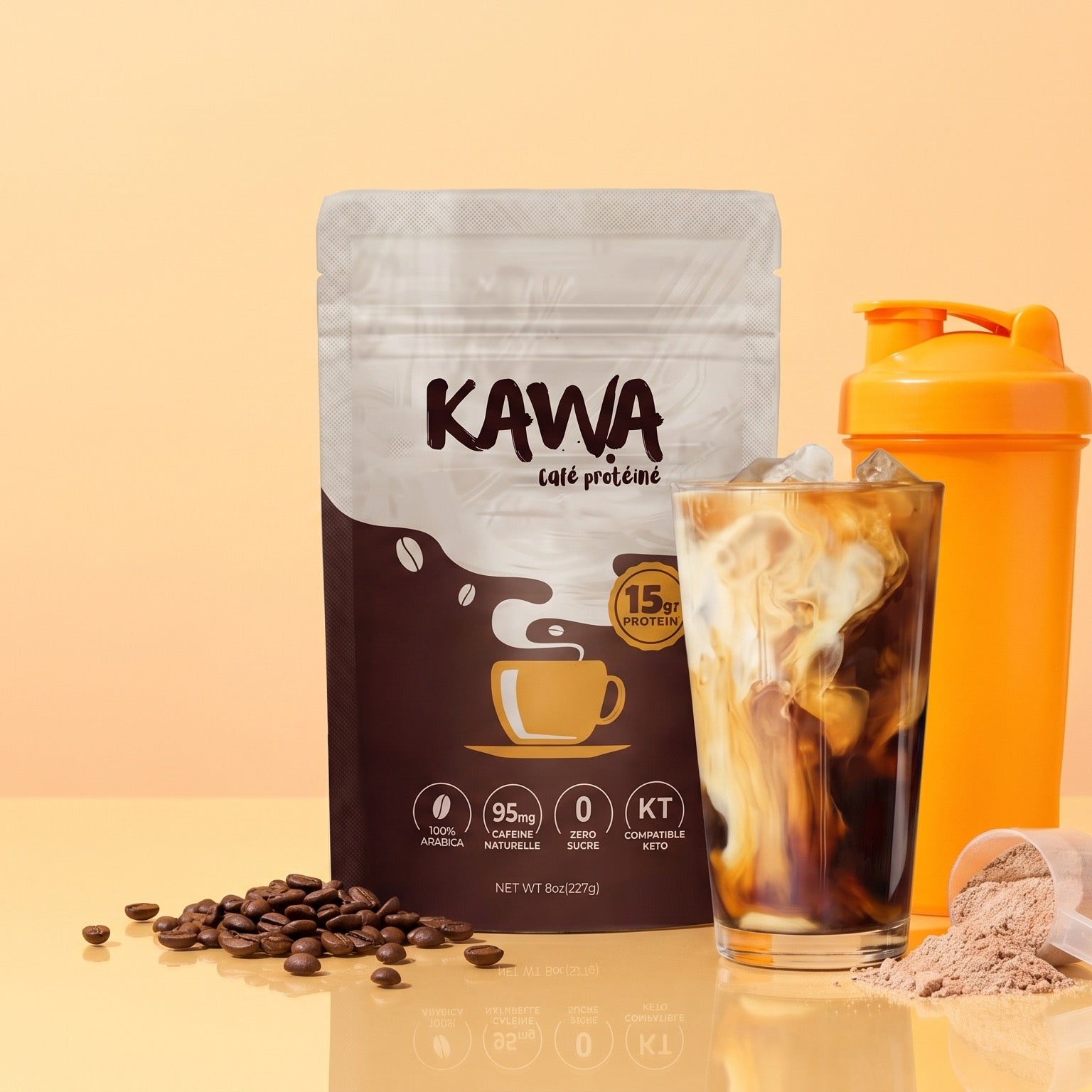 KAWA cafe proteine avec iced coffee et shaker orange