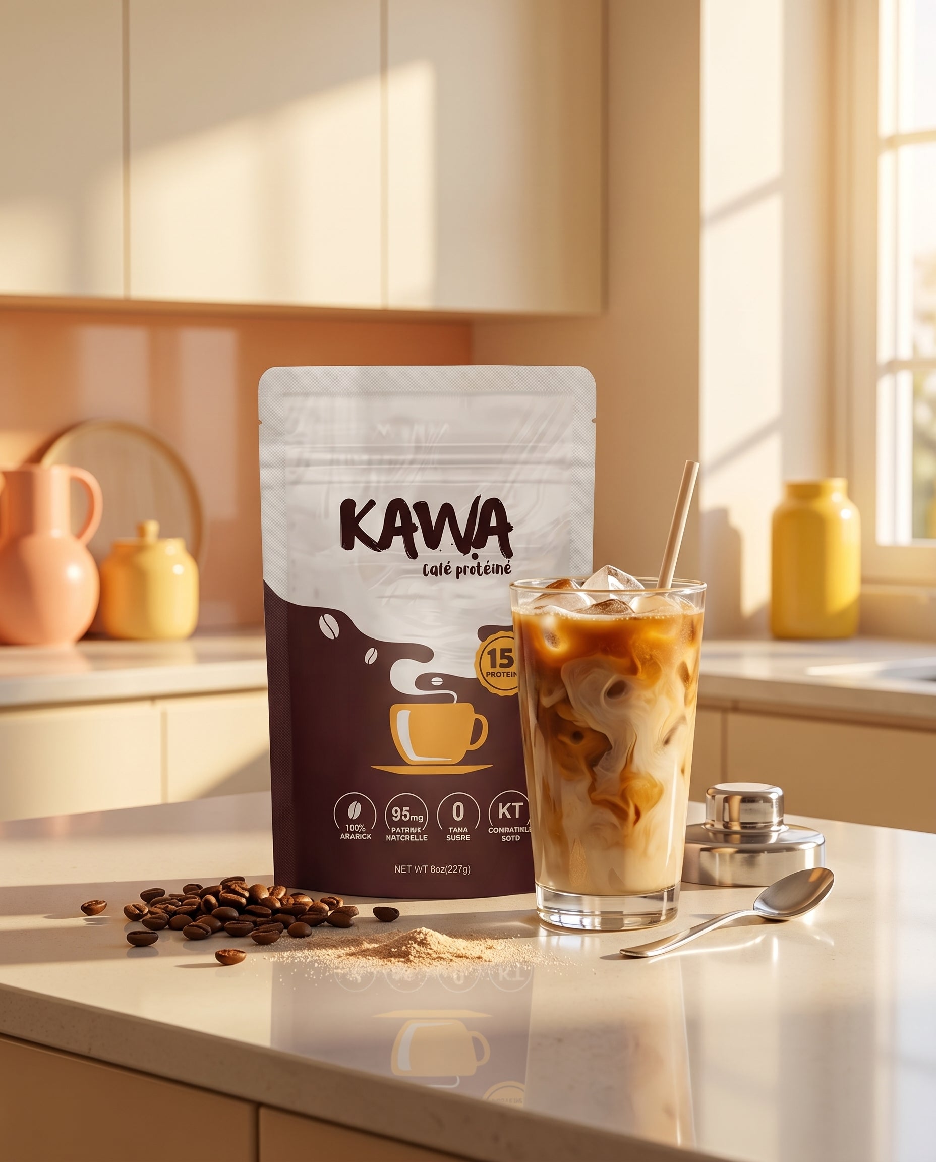 KAWA prepare en iced latte dans une cuisine lumineuse